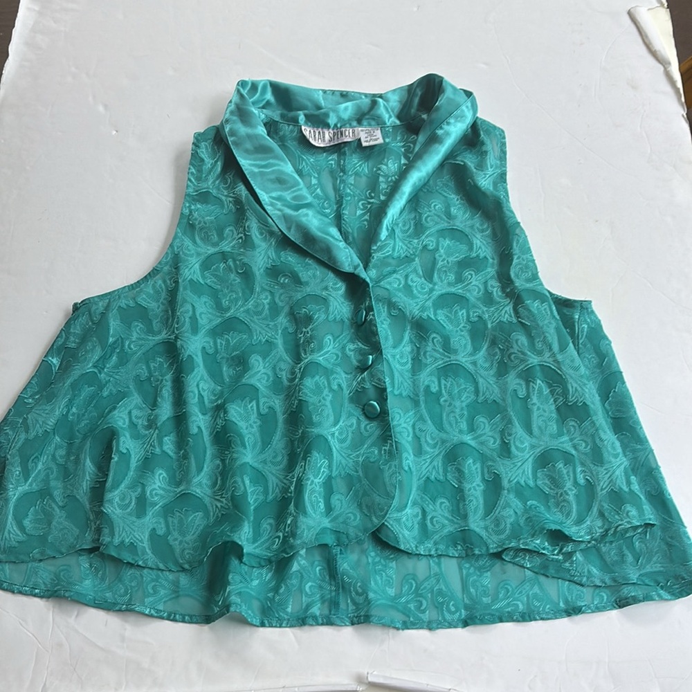 Vintage 90’s Collared Preppy Silky Teal Sleeveless Cropped Top Shirt Large Swing - Picture 3 of 17